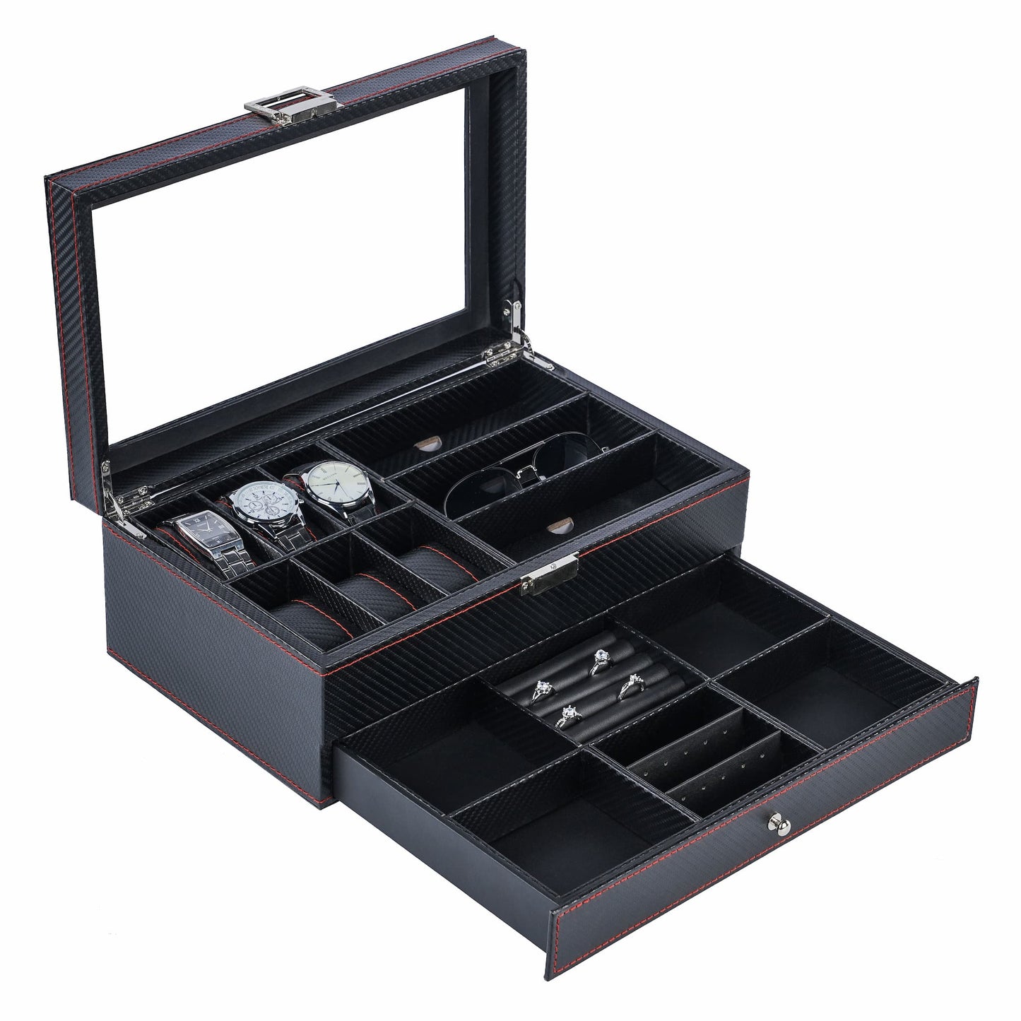 6+3 slots Carbon Fiber Double Layer Jewelry Storage Box Watch Display Case