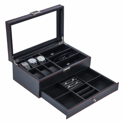 6+3 slots Carbon Fiber Double Layer Jewelry Storage Box Watch Display Case