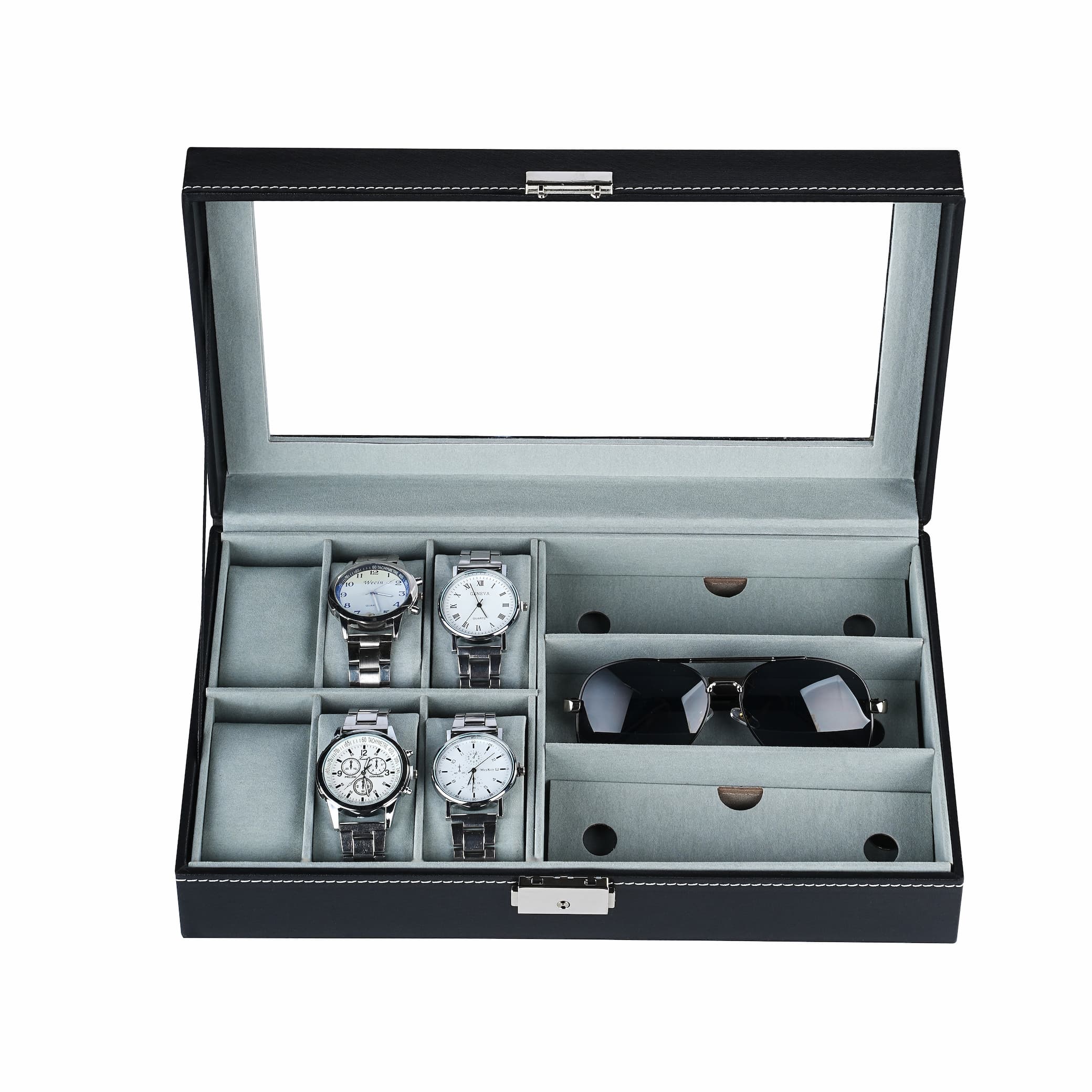6+3 slots Black PU Leather Watch Box Sunglasses Storage Case With Soft Velvet Lining