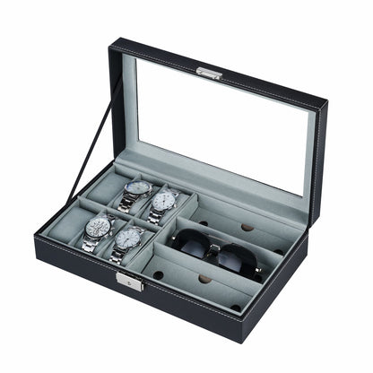 6+3 slots Black PU Leather Watch Box Sunglasses Storage Case With Soft Velvet Lining