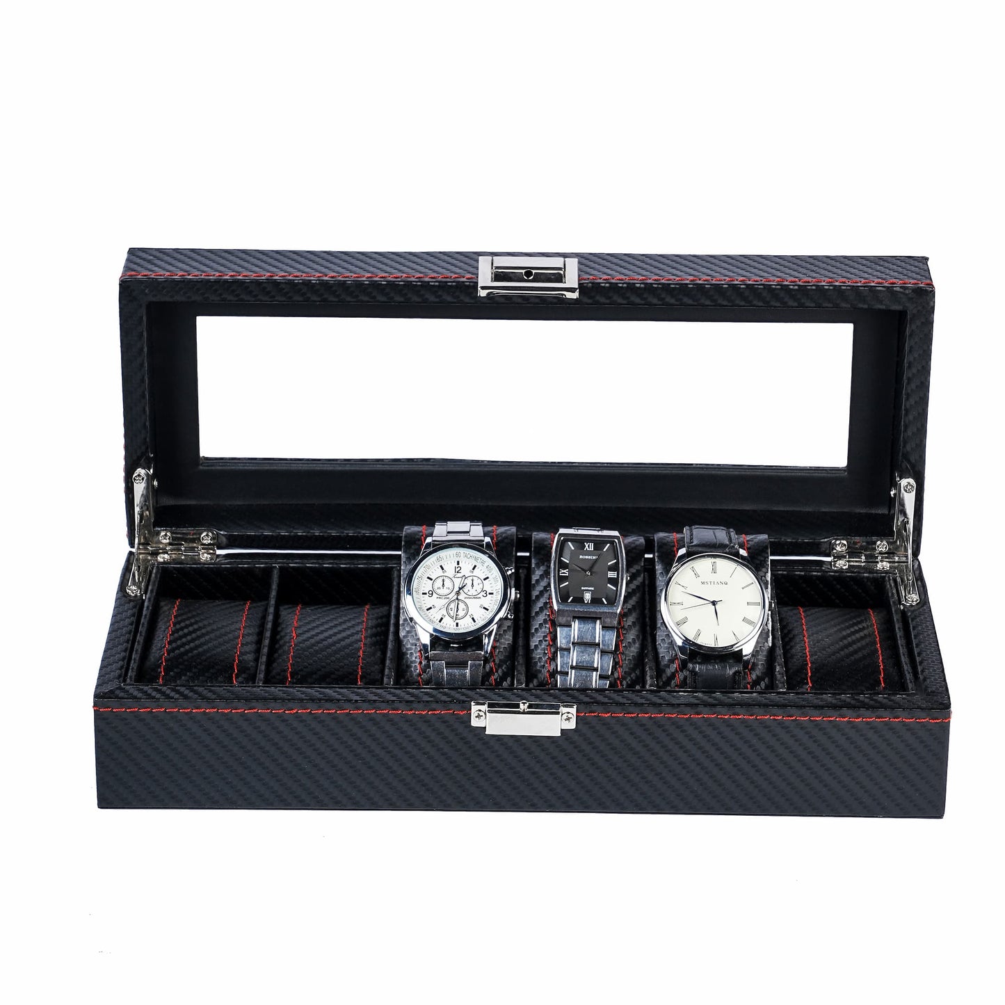 6 Slots High Quality Black Carbon Fiber Leather Wrist Watch Organizer Display Storage Box With Red Sewing