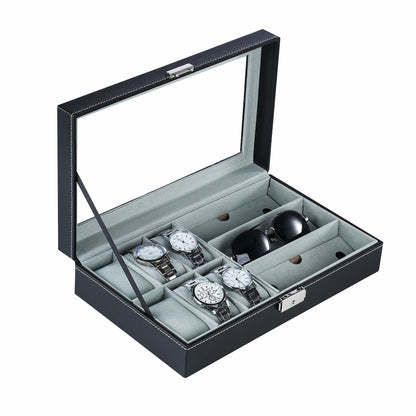 6+3 slots Black PU Leather Watch Box Sunglasses Storage Case With Soft Velvet Lining