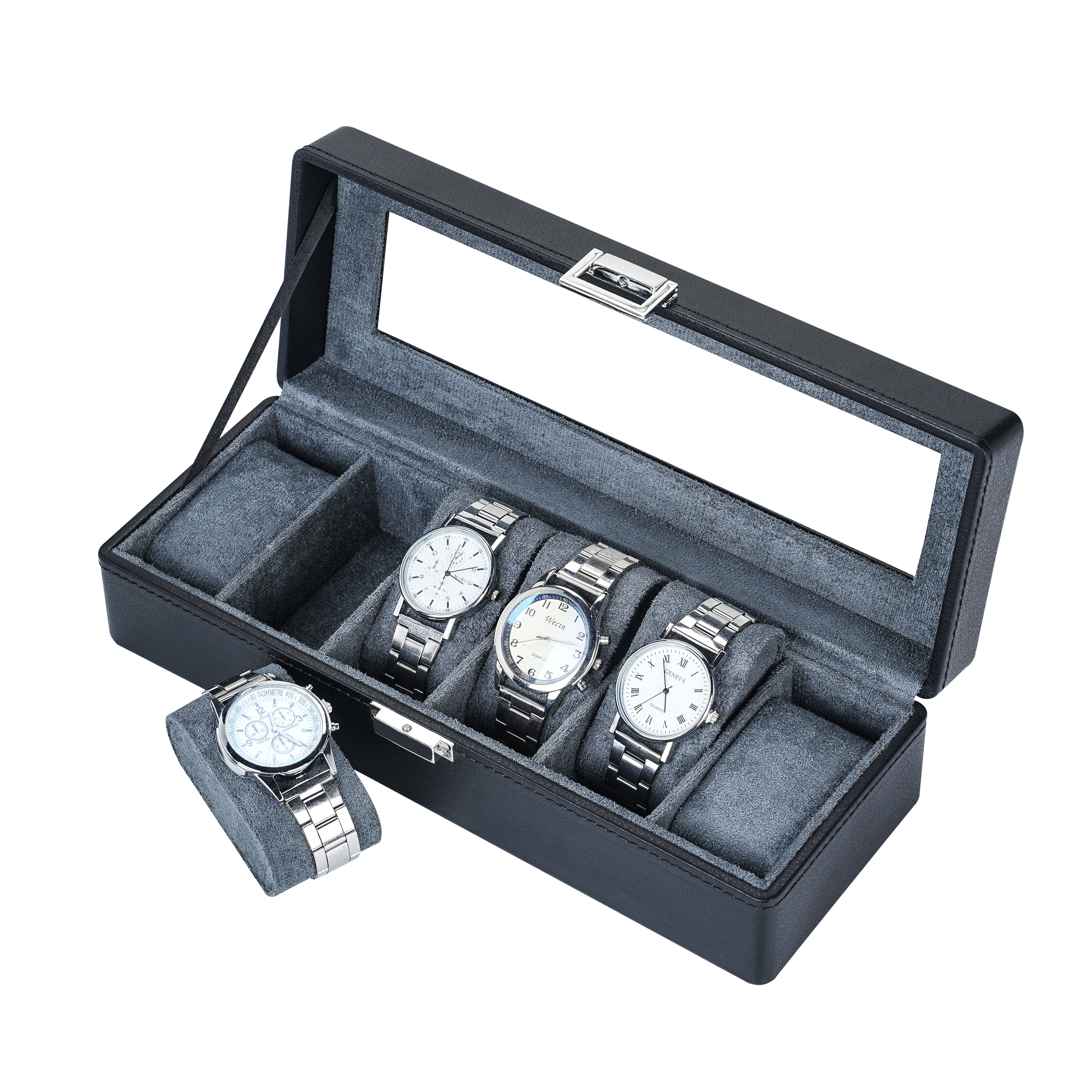 6-Slots Luxury Rigid Watch Box in Black Litchi Finish