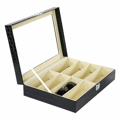 8 Slots Black Sunglasses Display Case Crocodile Grained PU Leather Eyeglasses Storage Case