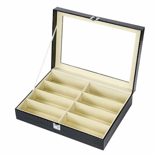 8 Slots Black Sunglasses Display Case Crocodile Grained PU Leather Eyeglasses Storage Case
