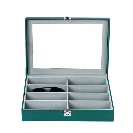 Green PU leather sunglasses box 8 slots sunglasses case with real glass lid for women or men