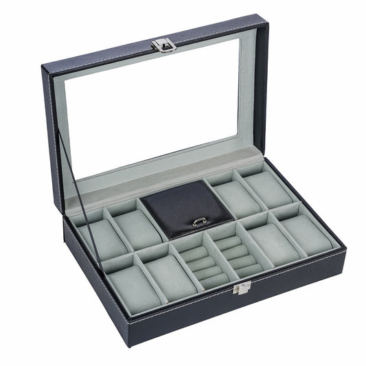 New arrival watch box jewerly case with real glass lid, 8 slots for watches and 2 slots for jewelries