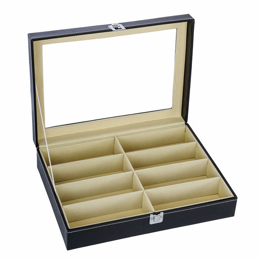 8 slots sunglasses box pu leather sunglasses case with real glass lid for women or men