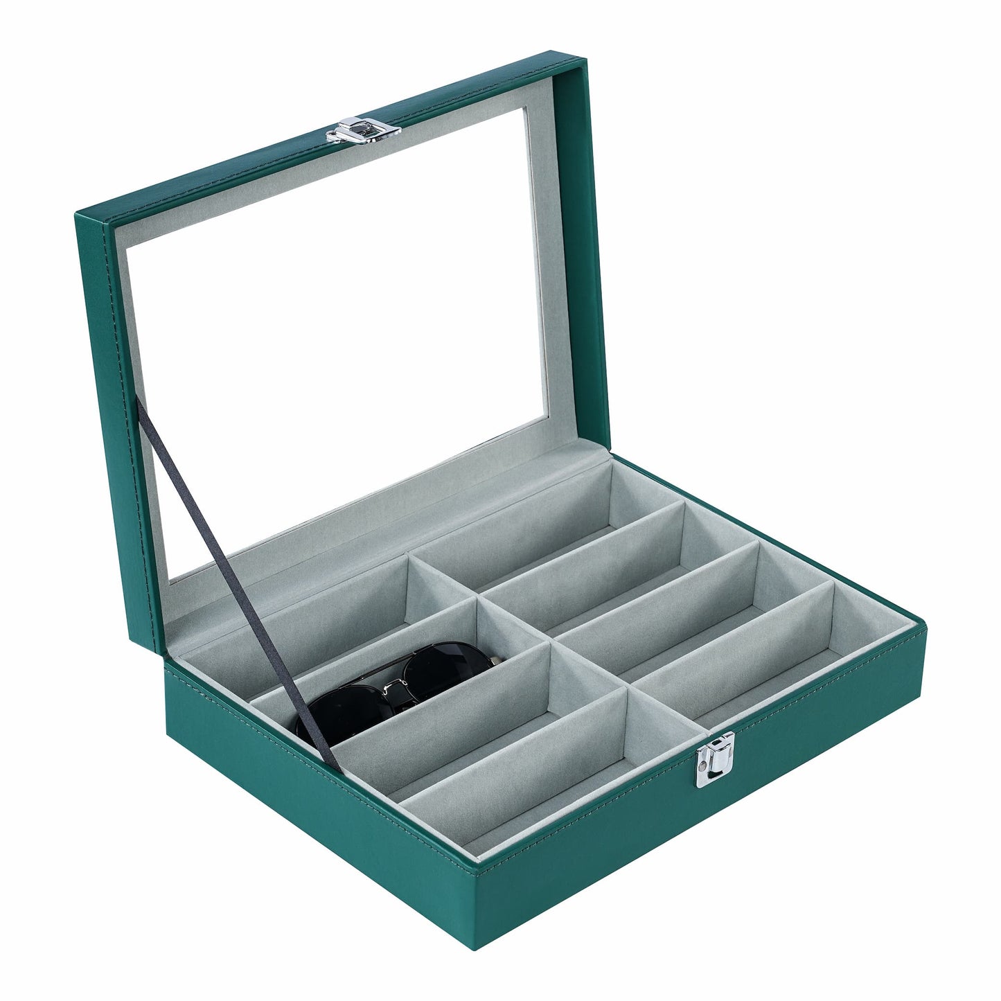 Green PU leather sunglasses box 8 slots sunglasses case with real glass lid for women or men