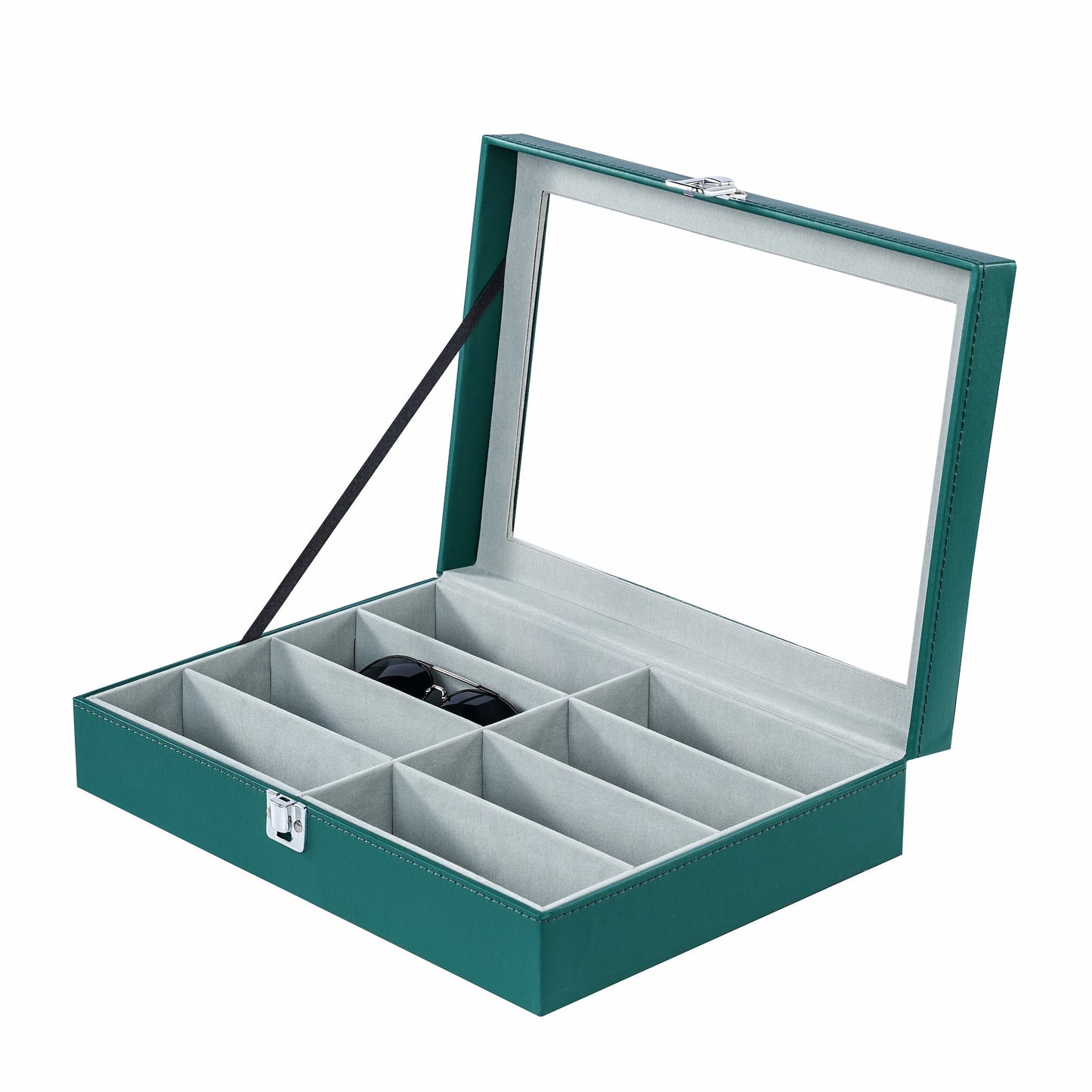 Green PU leather sunglasses box 8 slots sunglasses case with real glass lid for women or men