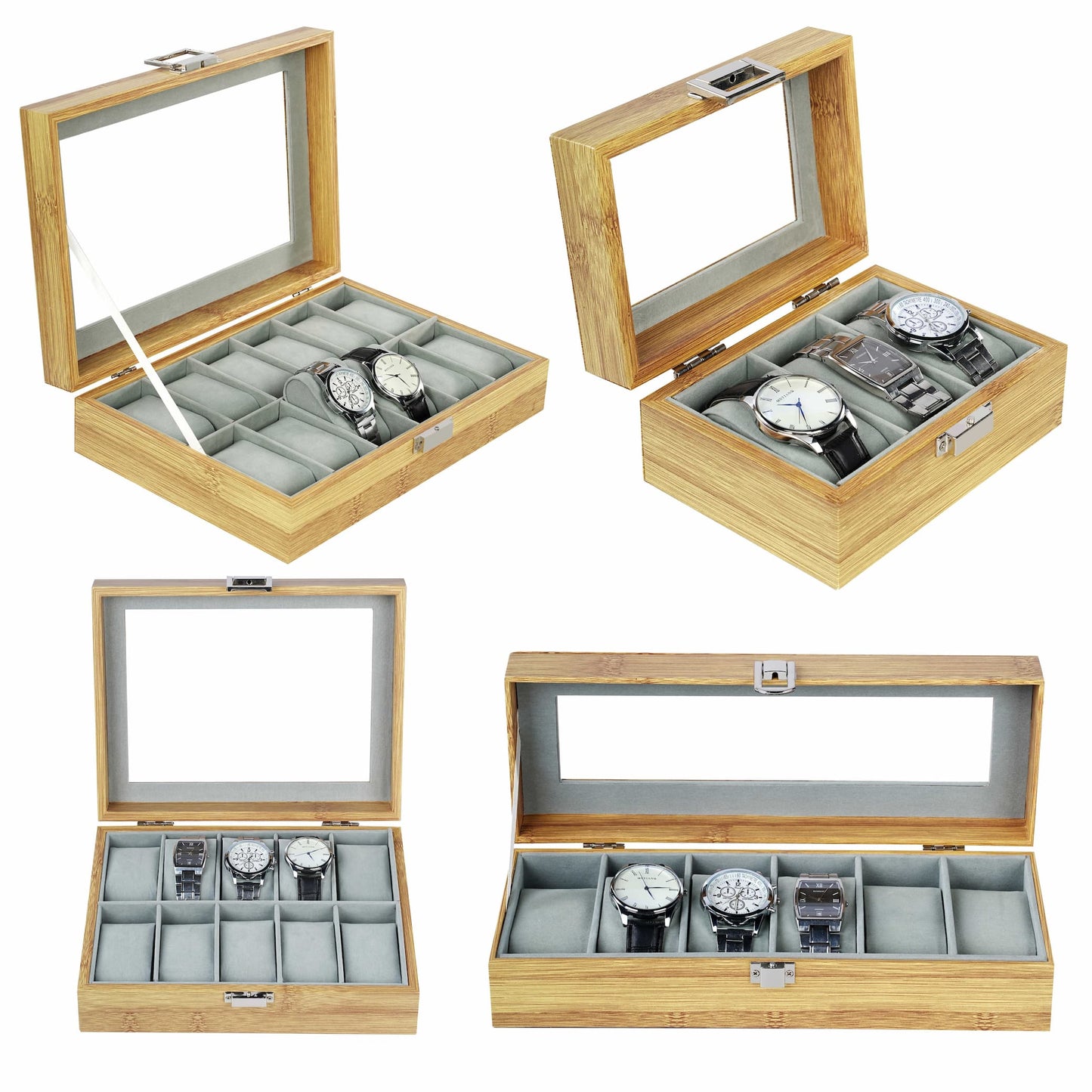 Real glass lid 6 slots bamboo grain watch organizer case luxury watch storage box
