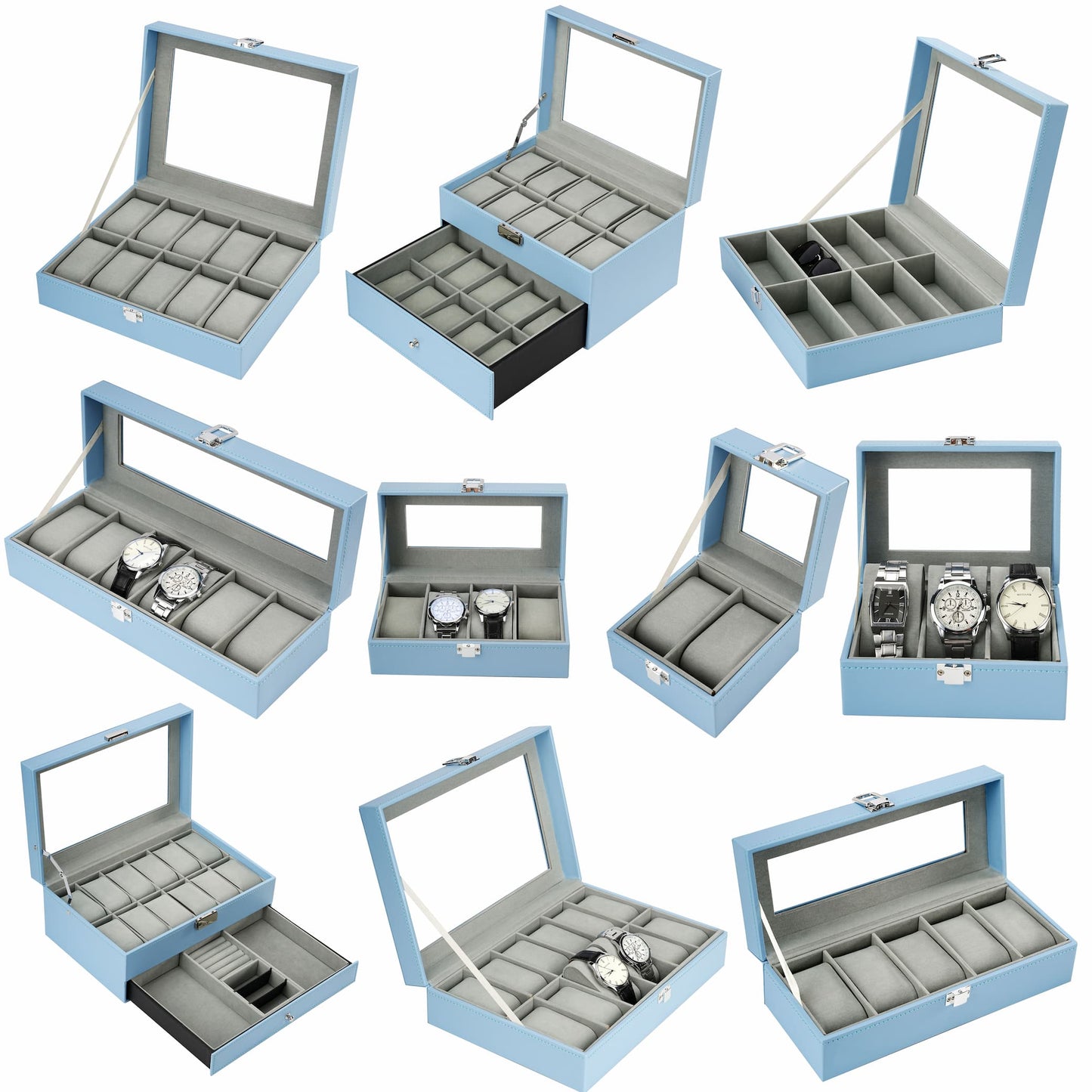 8-slot Sunglasses Storage Case Blue PU Leather Display Box Glasses Organizer Case